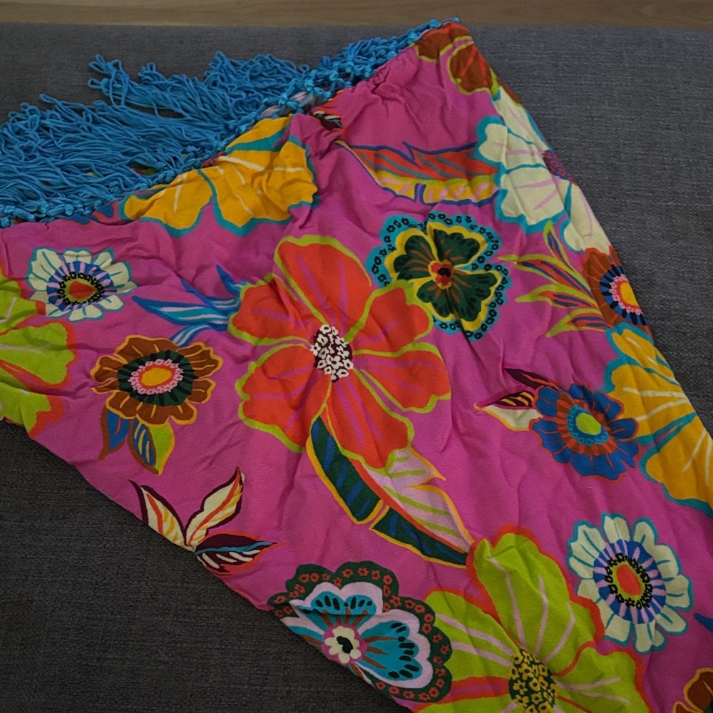 FARM Rio Pink Floral Sarong with Blue Fringe
